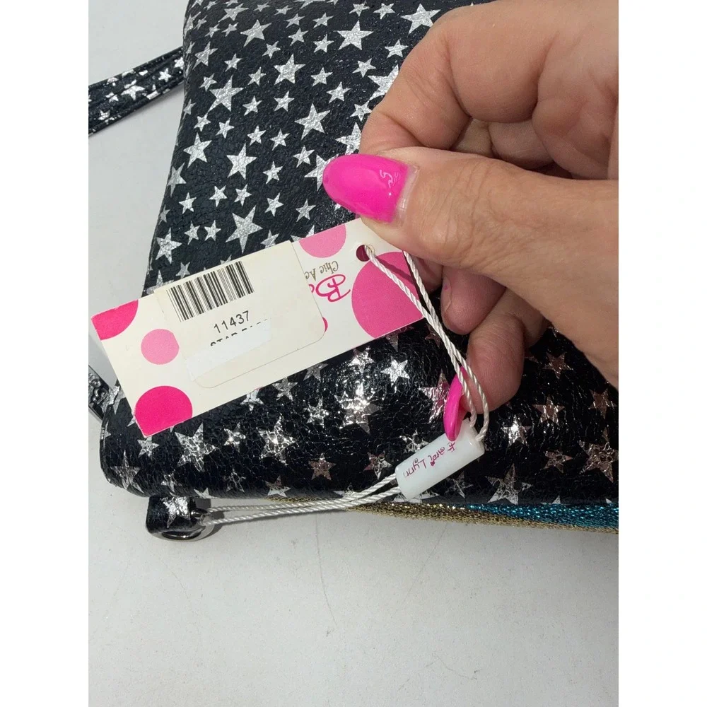 Bari Lynn Black Silver Star Wristlet Pouch Glitter Stripe Bag 11437 NWT